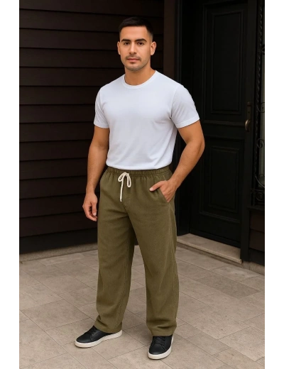 Erkek Fitilli Kadife Cepli Buggy Pantolon Oversize Rahat Kalıp - Haki