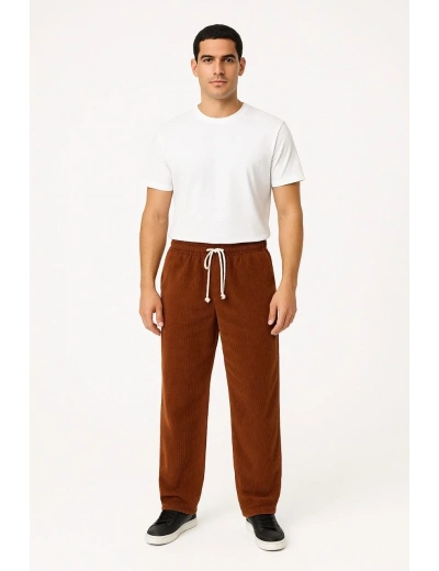 Erkek Fitilli Kadife Cepli Buggy Pantolon Oversize Rahat Kalıp - Kahverengi