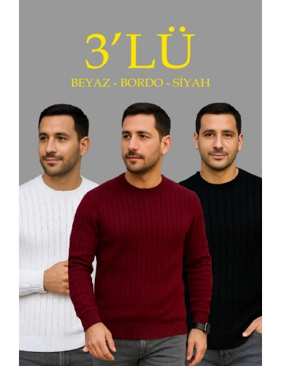 Erkek Fitilli Triko Bisiklet Yaka Kalın Kazak 3lü Set Beyaz-Bordo-Siyah