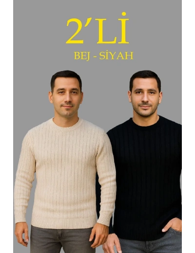 Erkek Fitilli Triko Kazak 2’li Set Bej Beyaz Kalın Dokuma Pamuklu Regular Fit Bisiklet