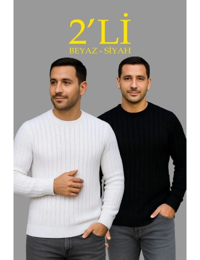 Erkek Fitilli Triko Kazak 2’li Set Siyah Beyaz Kalın Dokuma Pamuklu Regular Fit Bisiklet
