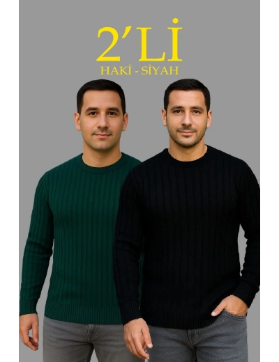 Erkek Fitilli Triko Kazak 2’li Set Siyah Haki Kalın Dokuma Pamuklu Regular Fit Bisiklet