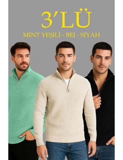 Erkek Fitilli Triko Kazak 3’lü Set Mint Yeşili Siyah Bej Kalın Dokuma Pamuklu Regular Fit