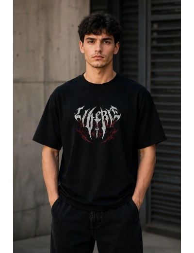 Erkek Gotik Yazı Baskılı Oversize Bisiklet Yaka T-Shirt - Siyah