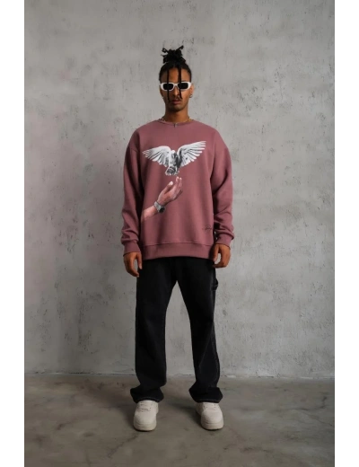 Erkek Güvercin Baskılı Bisiklet Yaka Sweatshirt 3 iplik pamuklu - Gül Kurusu