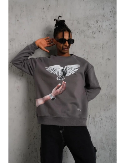 Erkek Güvercin Baskılı 3 iplik pamuklu Bisiklet Yaka Sweatshirt - Gri