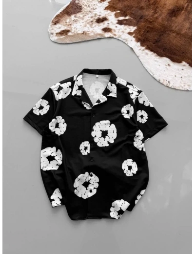 Erkek İki İplik Kumaş Baskılı Oversize Düğmeli Gömlek - Siyah