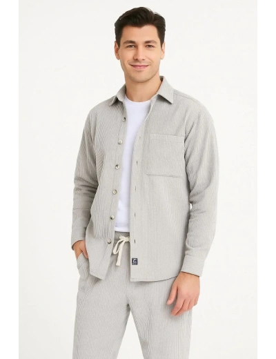 Erkek Kadife Oversize Takım Gömlek Pantolon İkili Set - Gri