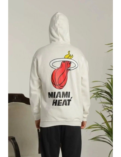 Erkek 3 İplik Pamuklu Kapüşonlu Baskılı Cepli Oversize Sweatshirt Hoodie - Beyaz