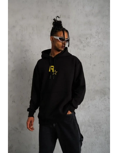 Erkek 3 İplik Pamuklu Kapüşonlu Baskılı Cepli Oversize Sweatshirt Hoodie - Siyah