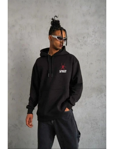 Erkek 3 İplik Pamuklu Kapüşonlu Baskılı Cepli Oversize Sweatshirt Hoodie - Siyah
