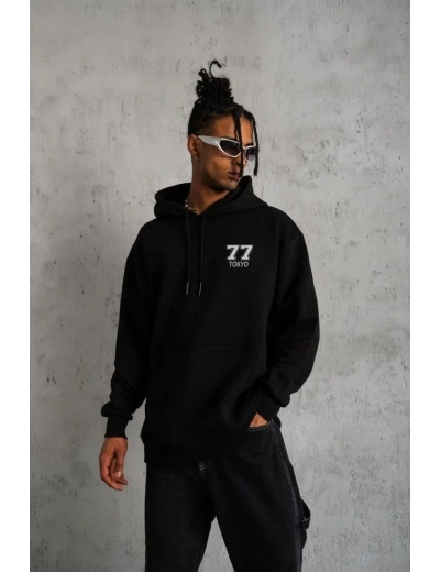 Erkek 3 İplik Pamuklu Kapüşonlu Baskılı Cepli Oversize Sweatshirt Hoodie - Siyah