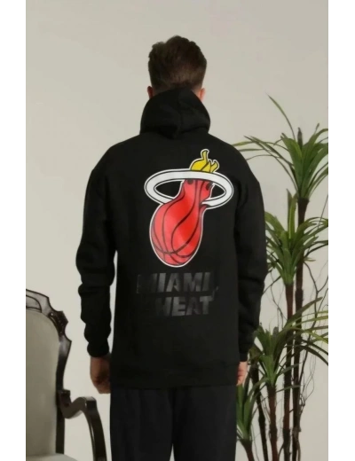 Erkek 3 İplik Pamuklu Kapüşonlu Baskılı Cepli Oversize Sweatshirt Hoodie - Siyah