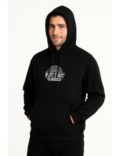 Erkek Kapüşonlu Kanguru Cepli Sweatshirt 3 İplik Pamuklu Baskılı Hoodie -  Siyah