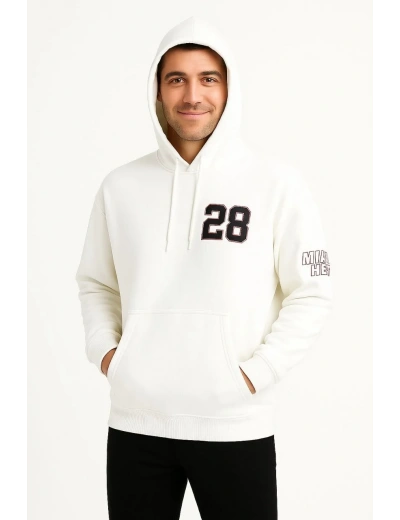 Erkek Kapşonlu Sweatshirt Üç İplik Şardonlu Oversize Fit Ön Arka Baskılı Kanguru - Beyaz