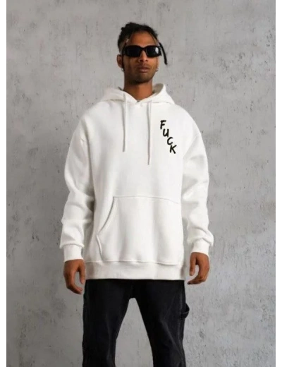 Erkek 3 İplik Pamuklu Kapüşonlu Baskılı Cepli Oversize Sweatshirt Hoodie - Beyaz