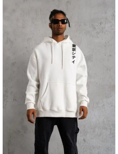 Erkek 3 İplik Pamuklu Kapüşonlu Baskılı Cepli Oversize Sweatshirt Hoodie - Beyaz