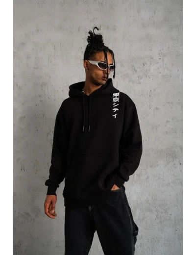 Erkek 3 İplik Pamuklu Kapüşonlu Baskılı Cepli Oversize Sweatshirt Hoodie - Siyah