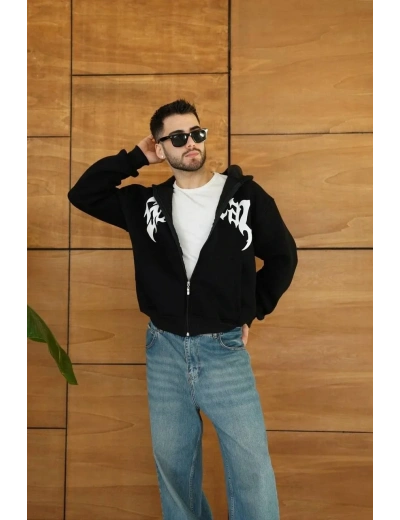 Erkek Kapüşonlu 3 İplik Şardonlu Önü Baskılı Fermuarlı Oversize Sweatshirt - Siyah