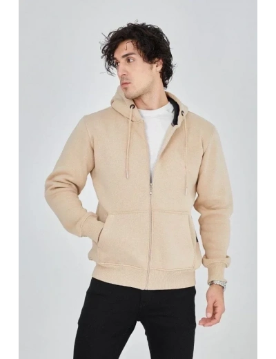 Erkek Kapüşonlu Düz Fermuarlı Hırka - Bej