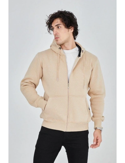 Erkek Kapüşonlu Düz Fermuarlı Hırka - Bej