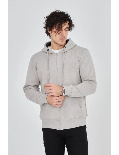 Erkek Kapüşonlu Düz Fermuarlı Hırka - Boyalı Gri