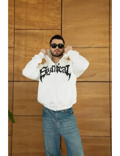 Erkek Kapüşonlu 3 İplik Şardonlu Önü Baskılı Fermuarlı Oversize Sweatshirt - Beyaz