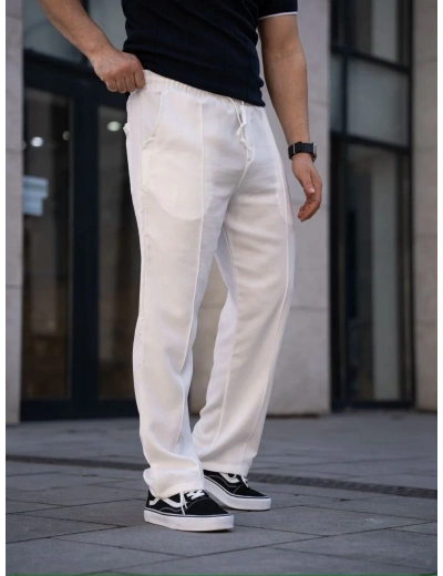 Erkek Keten Cepli Çıma Dikişli jogger Buggy Pantalon Rahat kalıp - Beyaz