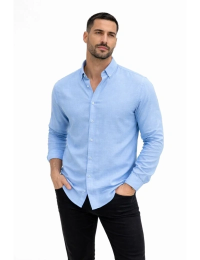 Erkek KETEN Kumaş Oversize Uzun Kollu Rahat Kalıp Gömlek - Açık Mavi