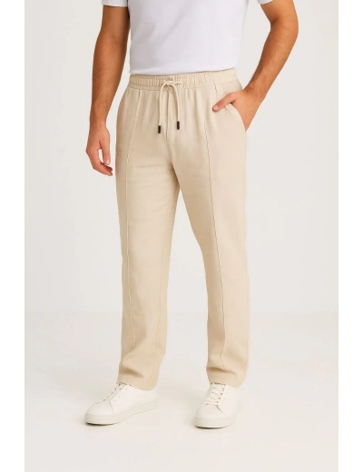 Erkek Keten Pantolon – Cepli, Beli Lastikli ve Bağcıklı, Nefes Alan Rahat Kalıp, Yazlık ve Baharlık Günlük Giyim, Şık & Konforlu Boru Paça Model - Bej