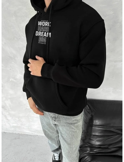 Erkek Kapüşonlu Kanguru Cepli Sweatshirt 3 İplik Pamuklu Baskılı Hoodie - Siyah