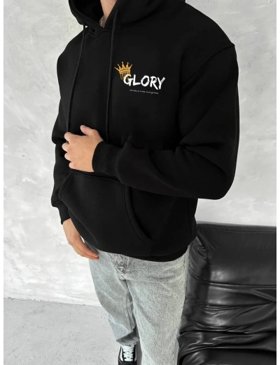 Erkek Kapüşonlu Kanguru Cepli Sweatshirt 3 İplik Pamuklu Baskılı Hoodie - Siyah