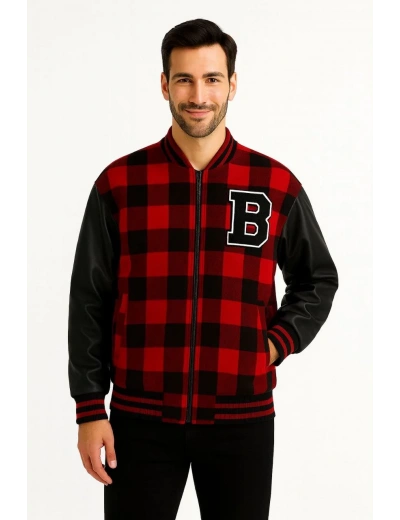 Erkek Kolej Ceket – Kareli Oduncu Kumaş, Kolları Suni Deri, Fermuarlı, İçi Kapitone Astarlı, Nakışlı Oversize Bahar & Kış Stil - Bordo