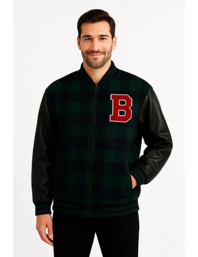 Erkek Kolej Ceket – Kareli Oduncu Kumaş, Kolları Suni Deri, Fermuarlı, İçi Kapitone Astarlı, Nakışlı Oversize Bahar & Kış Stil - Haki