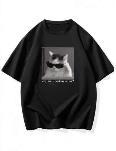 Erkek T-Shirt Komik Kedi Baskılı kısa kol Tişört - Siyah