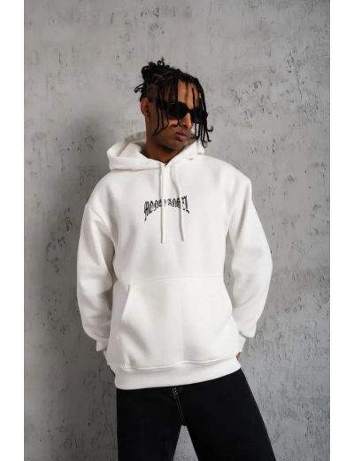 Erkek 3 İplik Pamuklu Baskılı Kapüşonlu Cepli Sweatshirt Hoodie - Beyaz