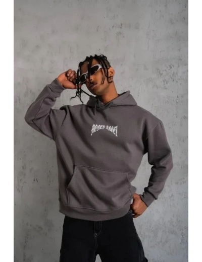 Erkek Kordon İpli Baskılı Kapüşonlu Sweatshirt - Füme