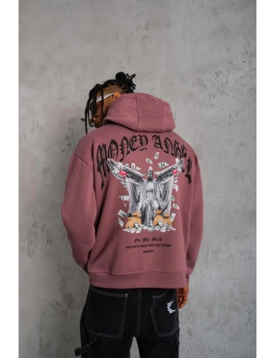 Erkek Kordon İpli Baskılı Kapüşonlu Sweatshirt - Gül Kurusu