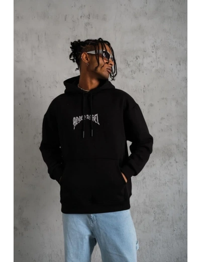 Erkek Kordon İpli Baskılı Kapüşonlu Sweatshirt - Siyah