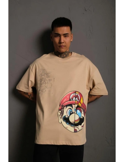 Erkek Mario Baskılı Oversize T-Shirt - Bej