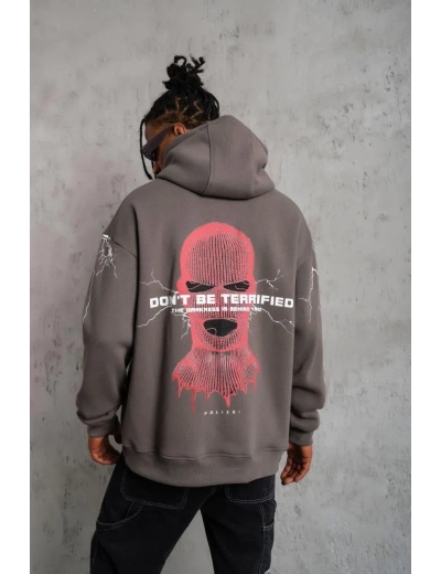 Erkek Maske Baskılı Kapüşonlu Sweat - Gri
