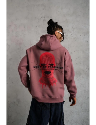 Erkek Maske Baskılı Kapüşonlu Sweat - Gül Kurusu