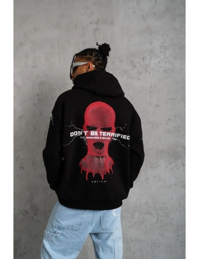 Erkek 3 İplik Pamuklu Kapüşonlu Baskılı Cepli Oversize Sweatshirt Hoodie - Siyah