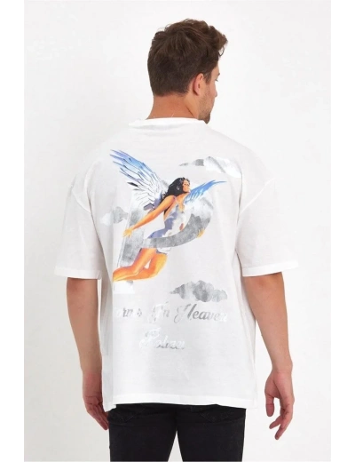Erkek Melek Baskılı Oversize T-shirt - Beyaz