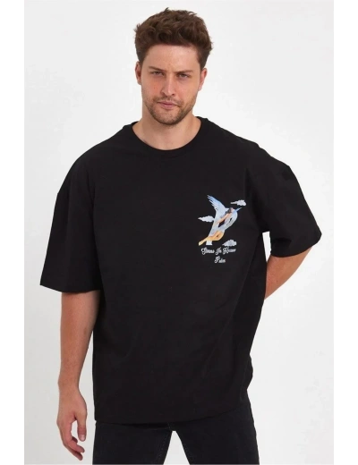 Erkek Melek Baskılı Oversize T-shirt - Siyah