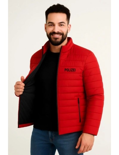 Erkek Mikro Su İtici Kapitone Baskılı Astarlı Fermuarlı Bomber Mont - Kırmızı