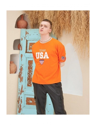 Erkek Nakış İşlemeli Ribanalı Oversize T-shirt - Turuncu