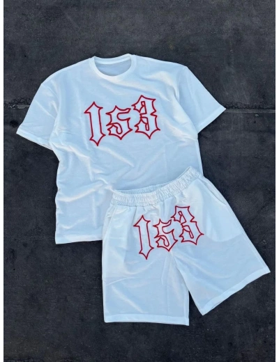 Erkek Nakış İşlemeli Şortlu Kısa kol Alt-Üst Takım - Beyaz