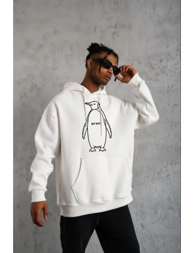 Erkek Nihilist Penguen Özel Tasarım Oversize Kapüşonlu Sweatshirt - Beyaz