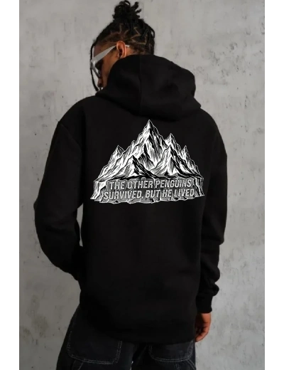 Erkek Nihilist Penguen Baskılı 3 İplik Pamuklu Kapüşonlu Sweatshirt Hoodie Siyah